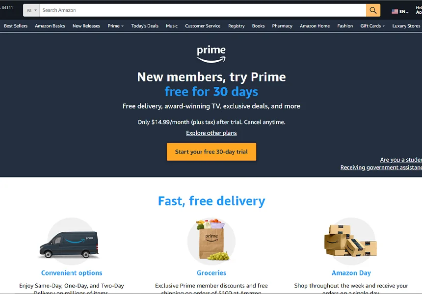 در صفحه اصلی آمازون، روی گزینه «Try Prime free for 30 days» کلیک کنید.