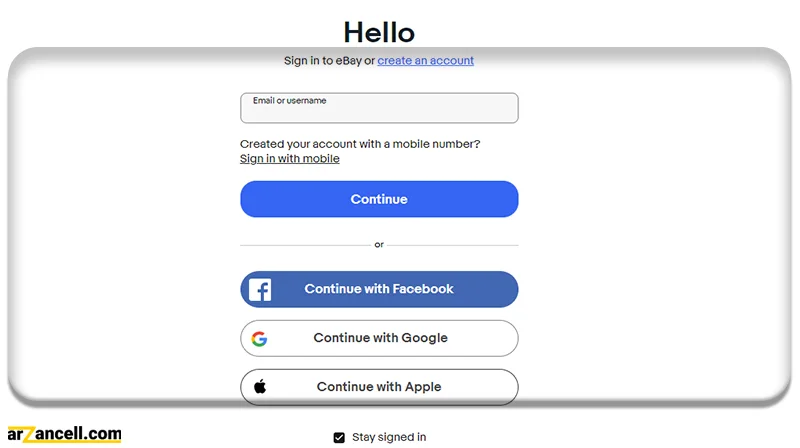 ورود اطلاعات کاربری در ebay