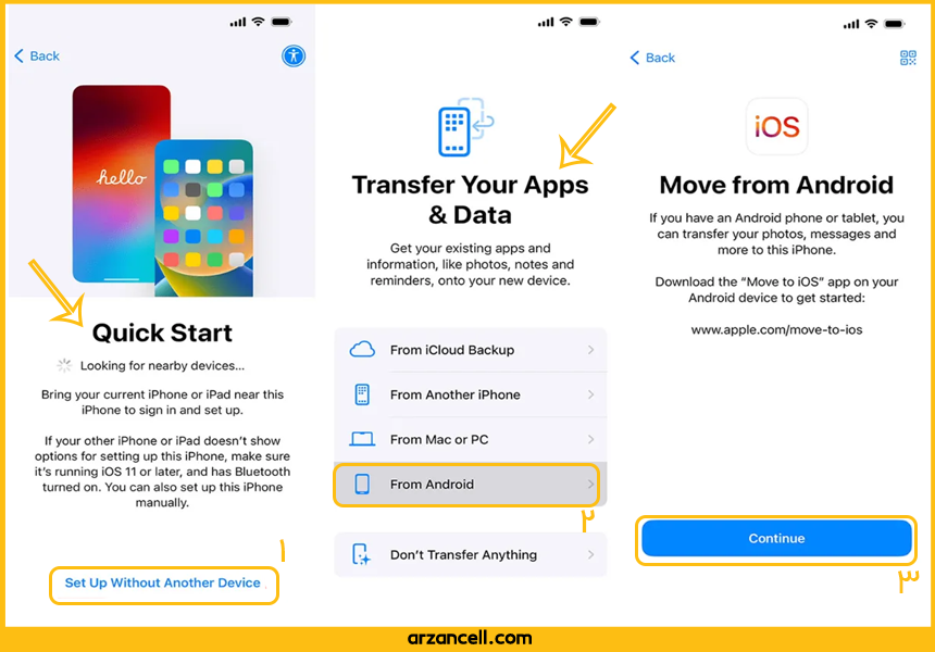 ادامه مراحل انتقال فایل از اندروید به آیفون با Quick Start