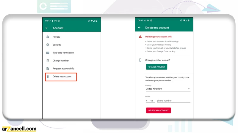 نحوه حذف حساب واتساپ در موبایل اندروید