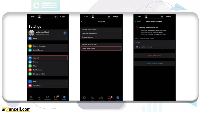 نحوه حذف حساب واتساپ در گوشی iOS